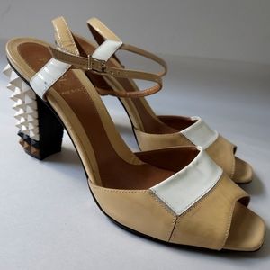 Fendi Two Tone Patent Leather Polifonia Studded Heel Ankle Strap Sandals
